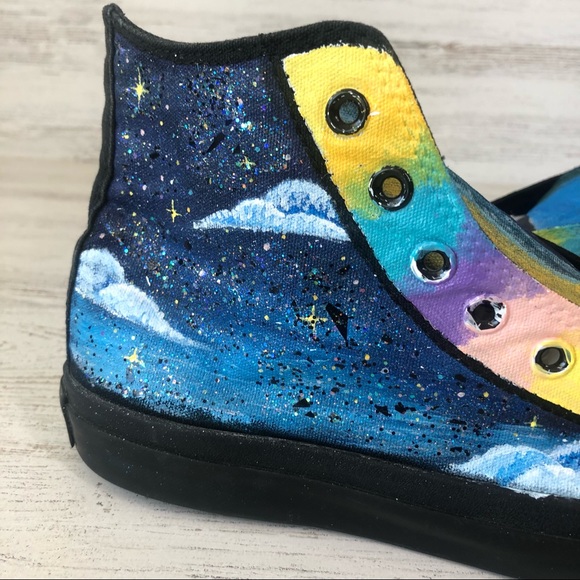 CONVERSE Hand Painted Custom Art to Wear High Top All Stars 9 Rainbow Celestial - Picture 2 of 12